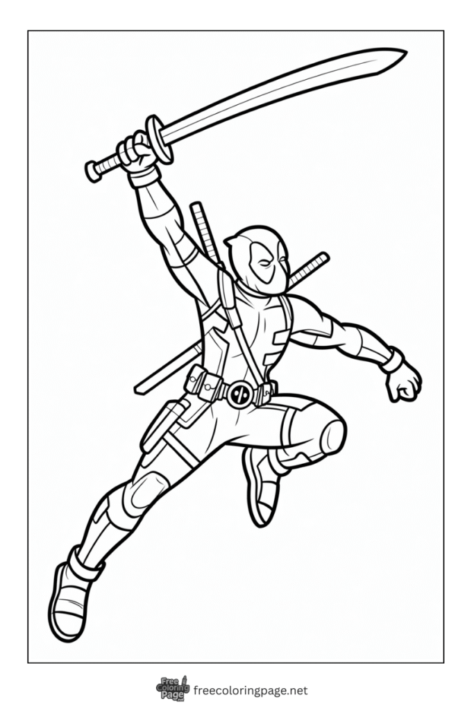 coloring page deadpool  hitting sword 