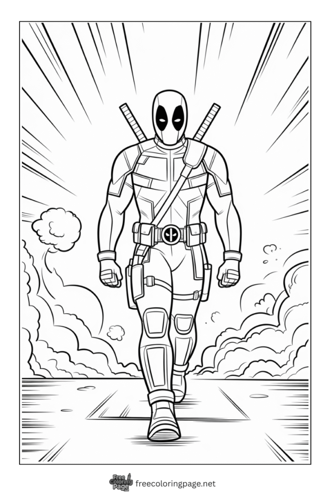 deadpool coloring page in action scene