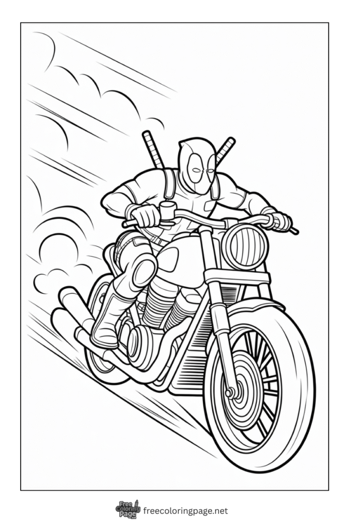 coloring page deadpool driving rashly motor bike
