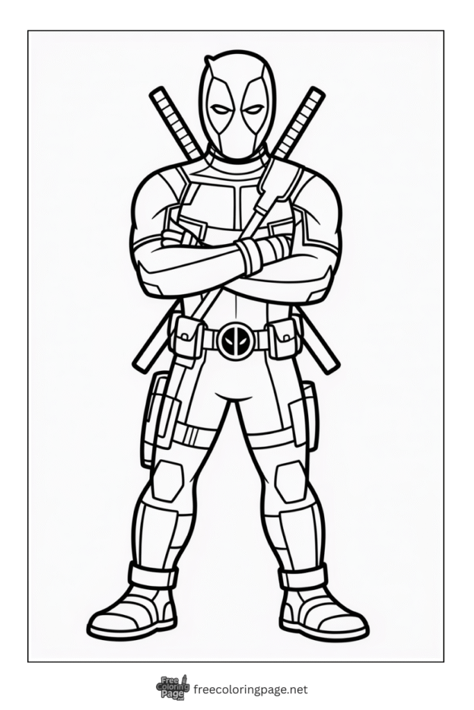 coloring page of deadpool standing with arms closed