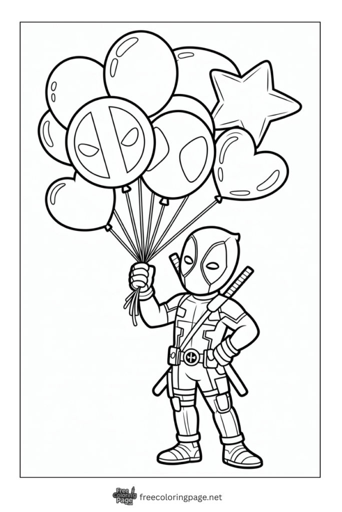 coloring page deadpool holding balloons