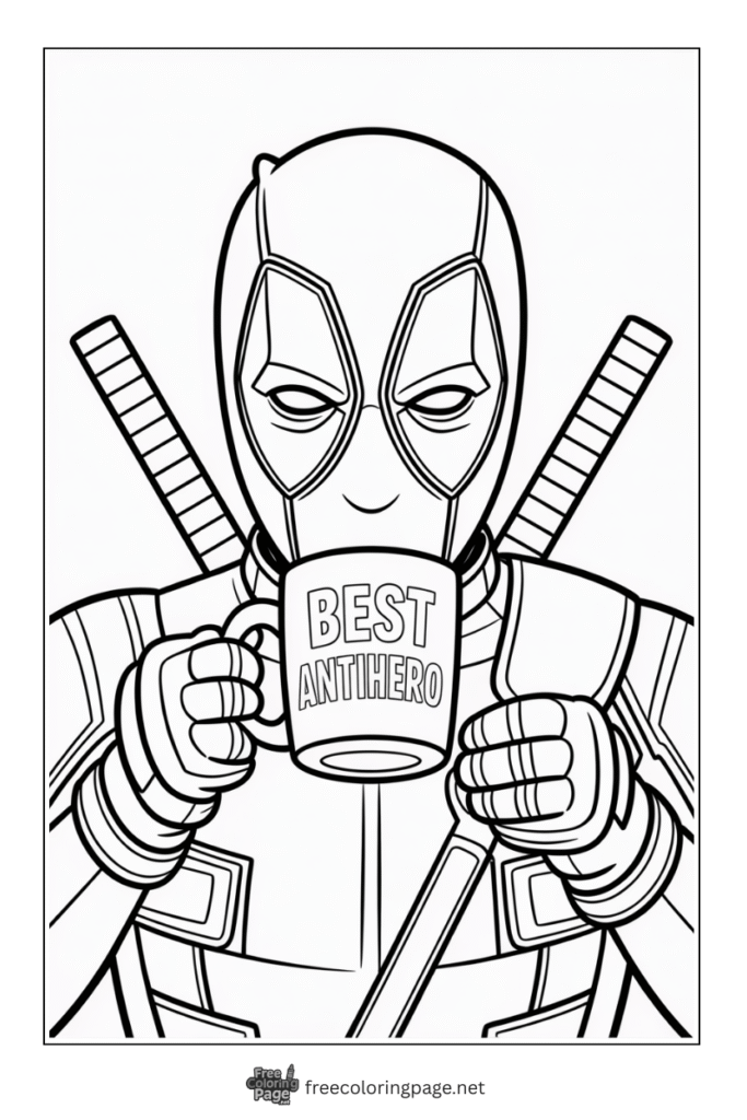 coloring page deadpool drinking coffee