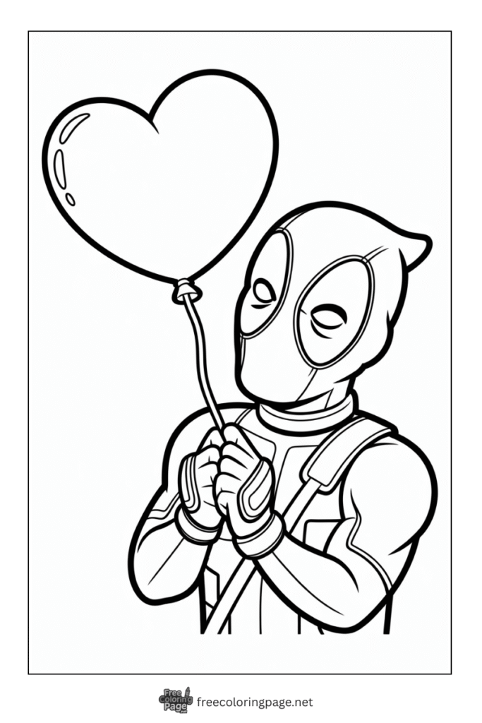 coloring page deadpool with heart balloon