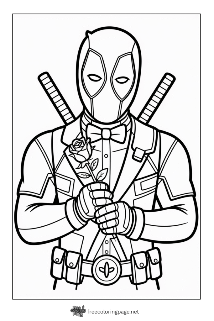 coloring page deadpool holding rose