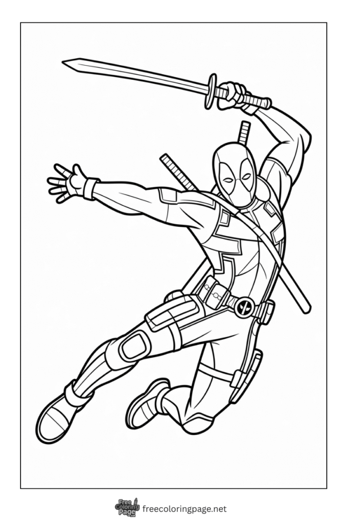 coloring page deadpool in sword action scene