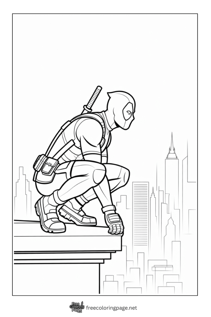 deadpool coloring page sitting on building roof