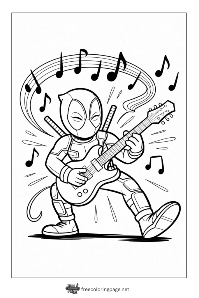 coloring page deadpool playing guitar