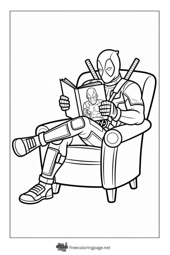 coloring page deadpool reading comic book