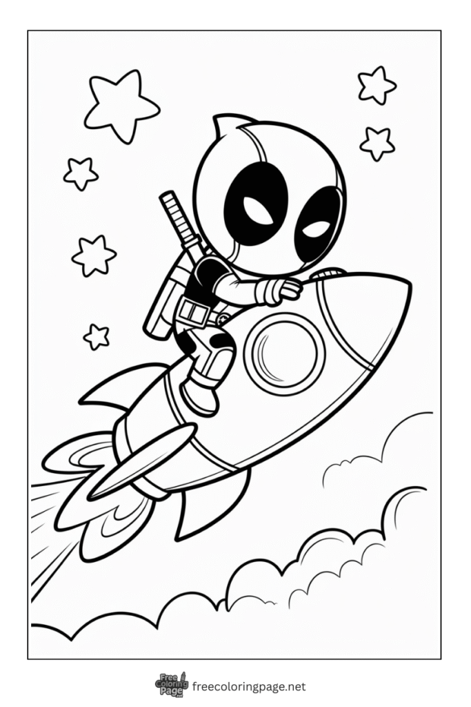 coloring page deadpool riding a rocket
