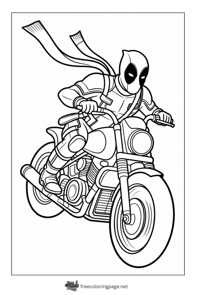coloring page deadpool riding motor bike