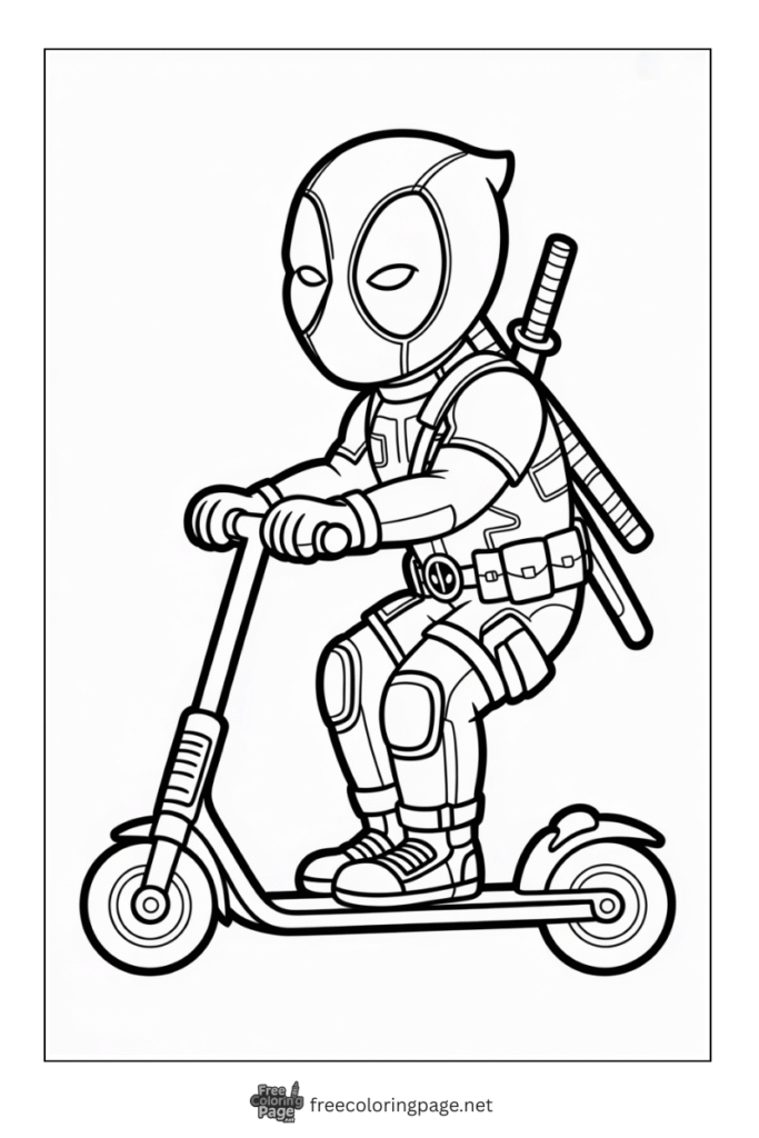 coloring page deadpool riding scooter