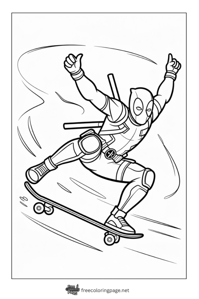 coloring page deadpool doing skate boarding