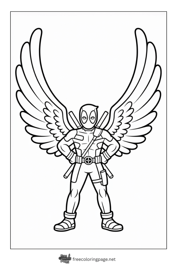 coloring page deadpool having angel wings