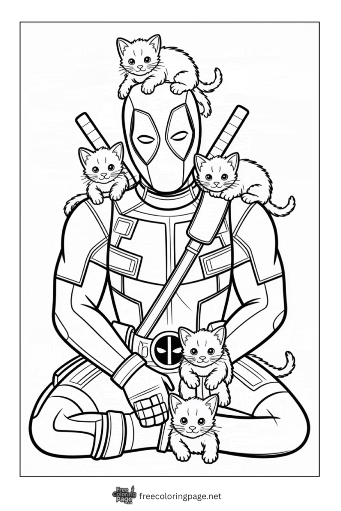 coloring page deadpool with kittens