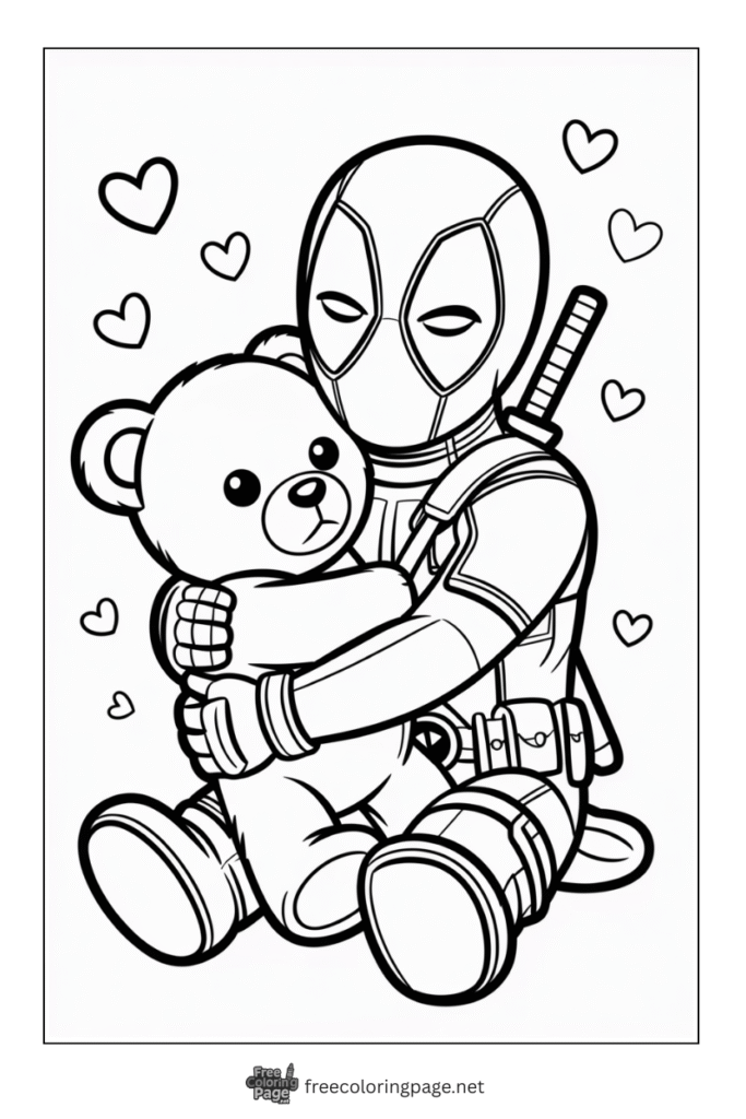 coloring page deadpool holding taddybear