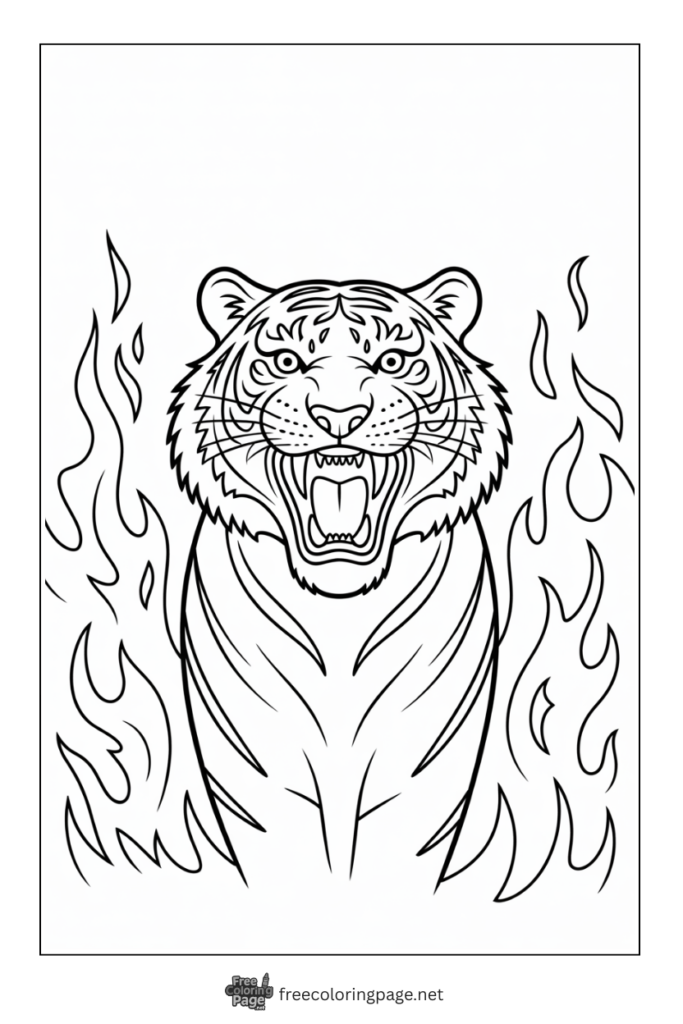 Coloring Page of fantacy style Tiger in fire flames