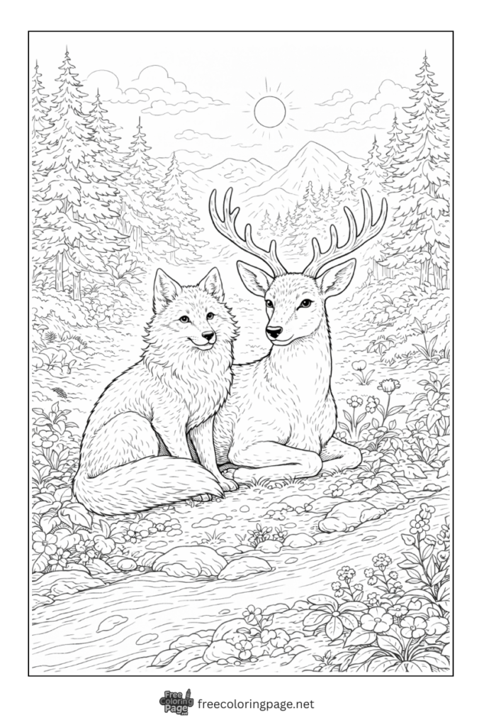 coloring page of fox with deer in peacefull scene