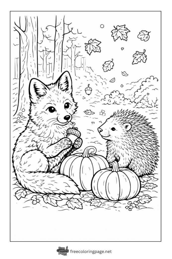 coloring page of fox with autmn pumpkin and animal porcupine