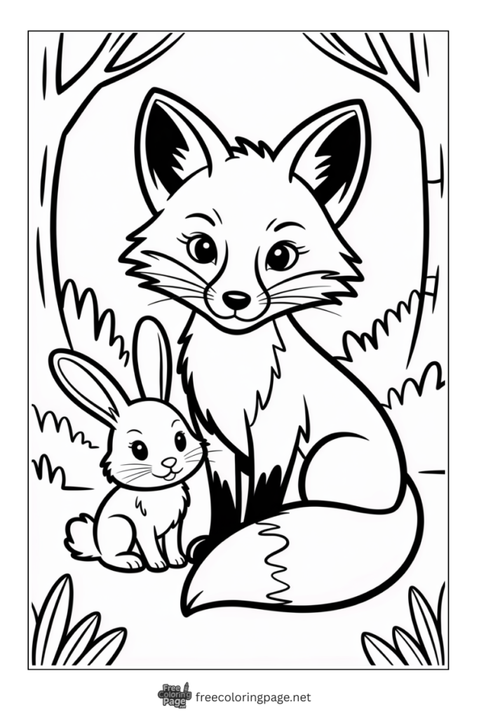 coloring page of fox with rabbit
