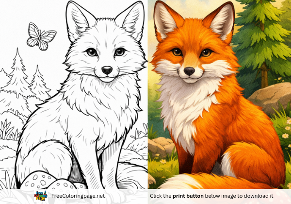 fox coloring page featuring colored and drawing image