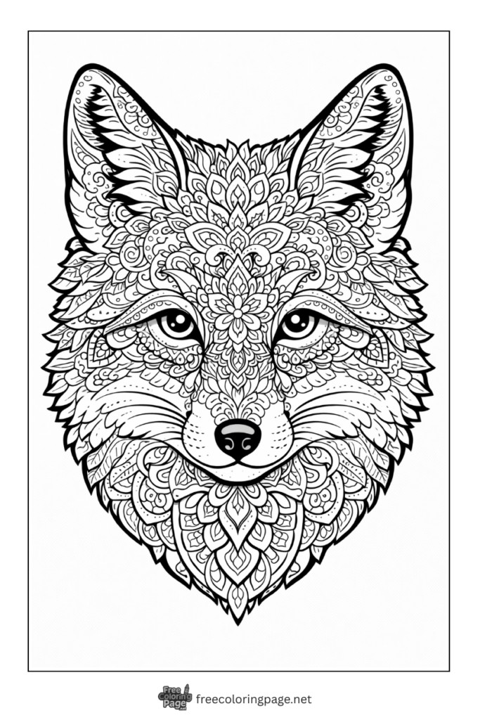 coloring page of fox face mandala detailed and realistic coloring for adults