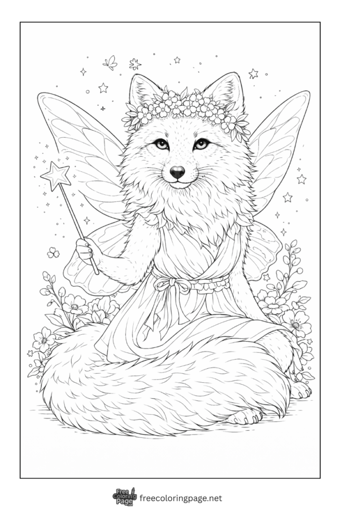 coloring page of fairy fox  a mystical character
