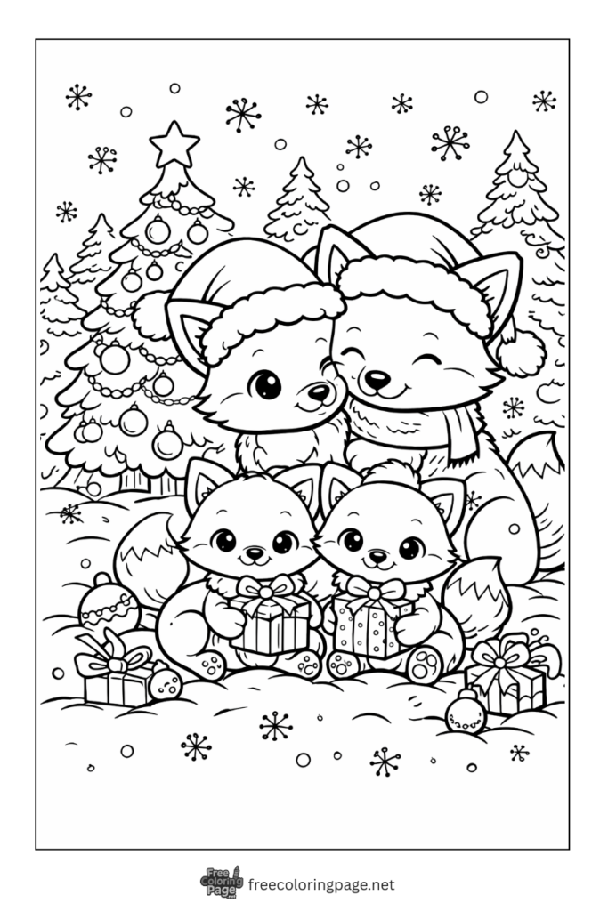 coloring page of fox family celebrating christmas