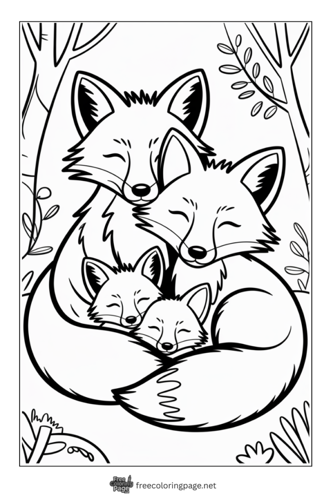 coloring page of fox family sitting together