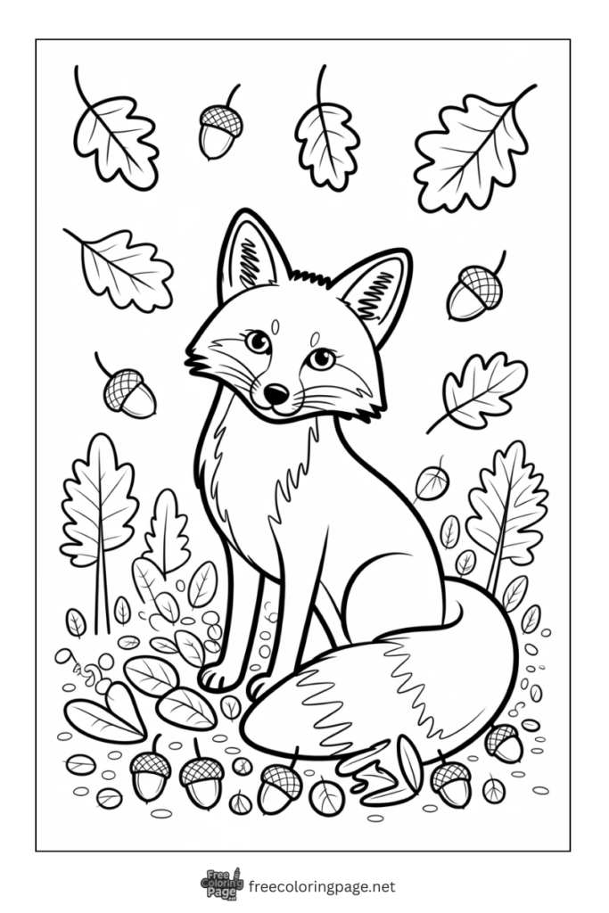 coloring page of fox in autumn leaves and acron