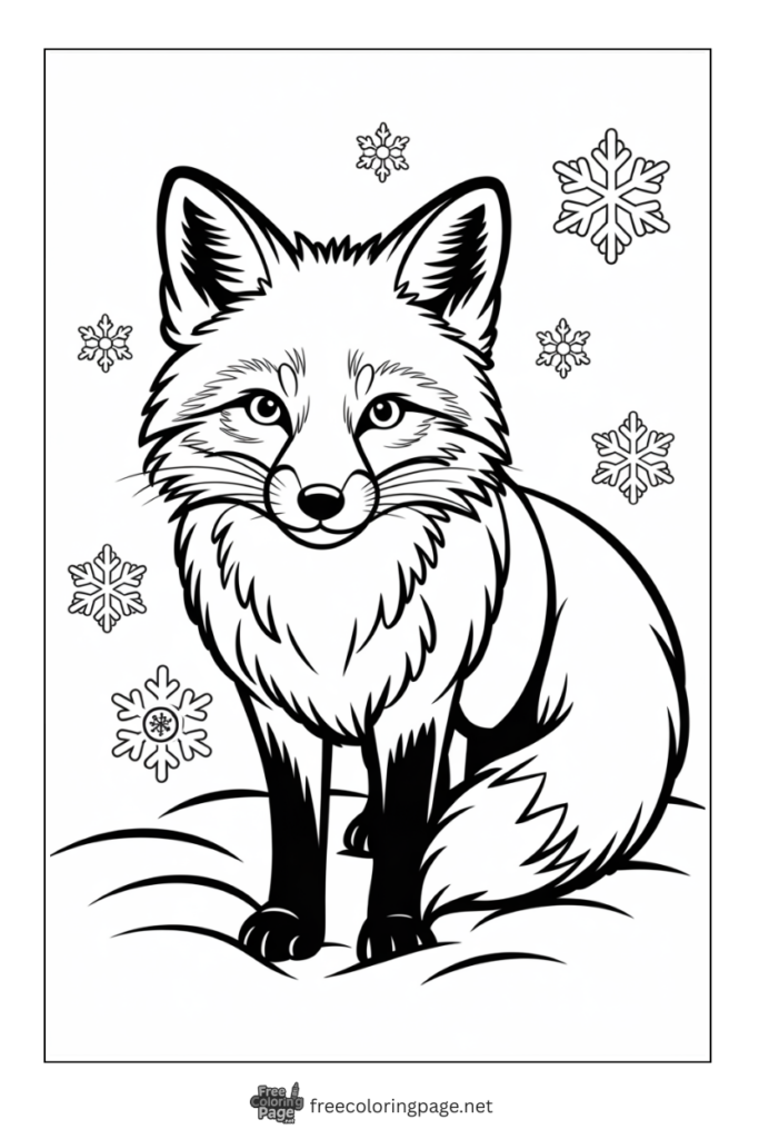 coloring page of fox sitting in snow flakes