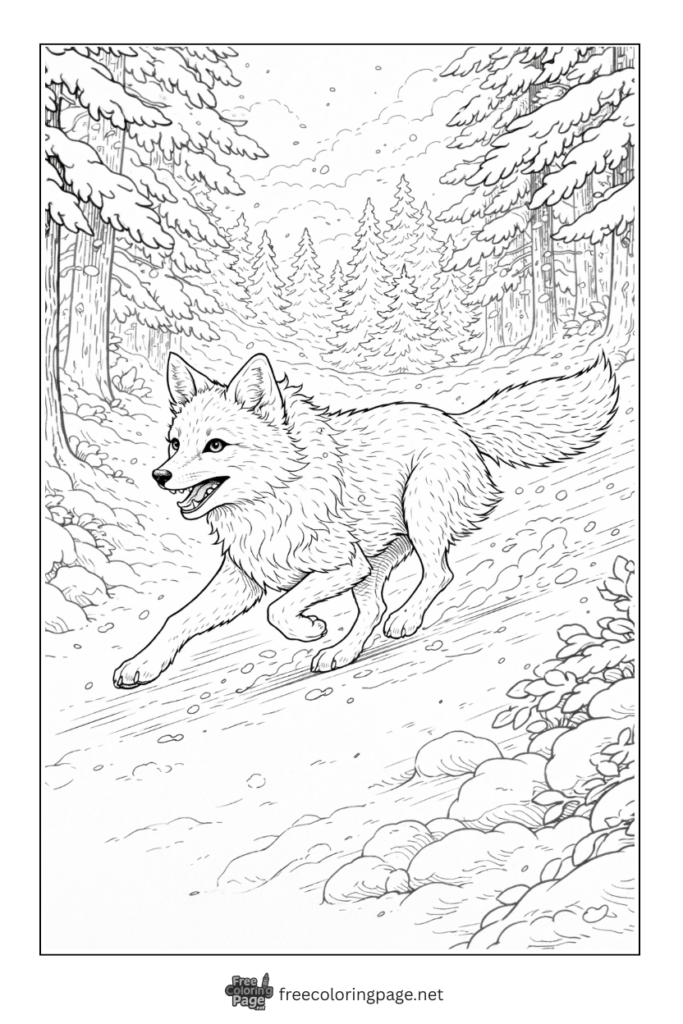 coloring page of snow fox running in snow 