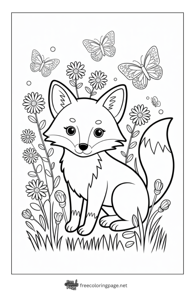 coloring page of fox sitting with flowers