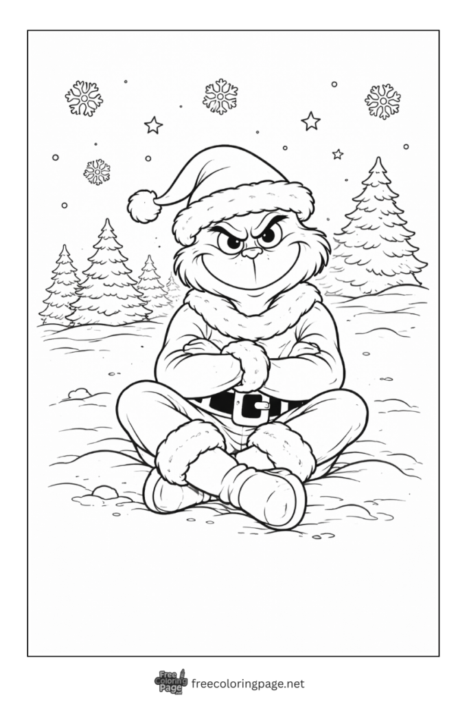 coloring page of grinch sitting on snow