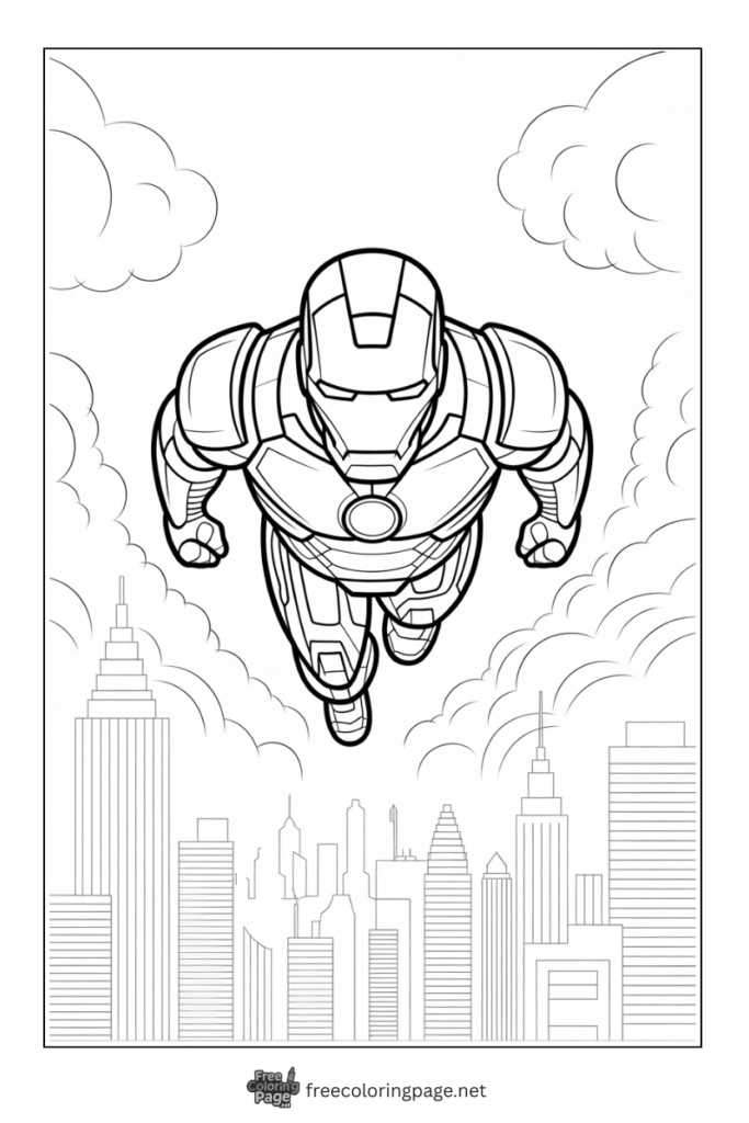 coloring page of iron man flying with front pose