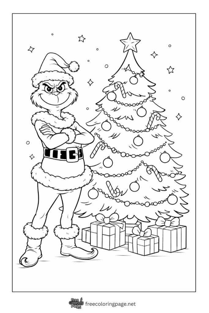 coloring page of grinch standing with christmas tree