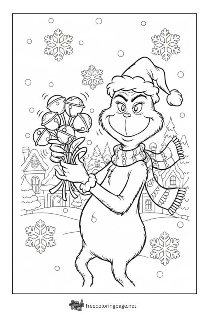 coloring page of grinch holding decorating candy