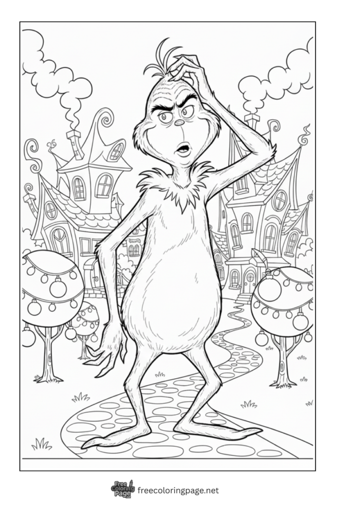 coloring page of grinch thinking scratching head