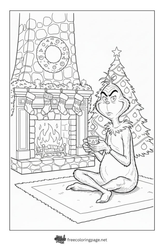 coloring page of grinch drinking hot cocoa sitting near fireplace