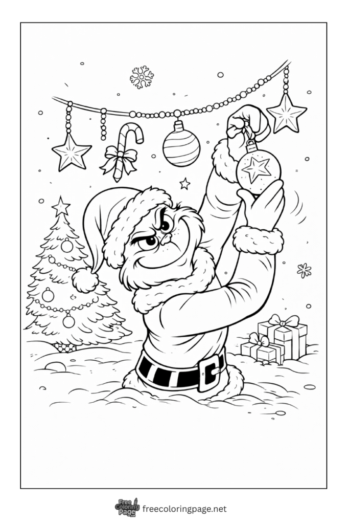 coloring page of grinch decorating christmas