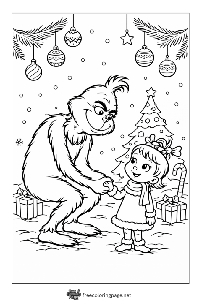 coloring page of grinch holding hand of cindy lou