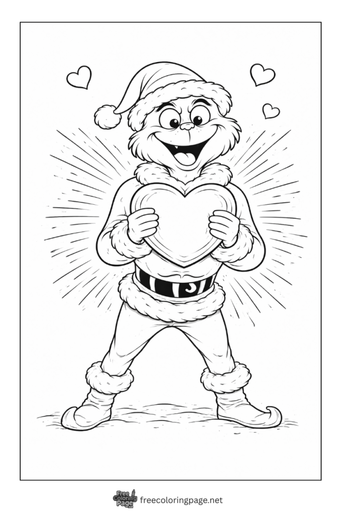coloring page of grinch holding big heart