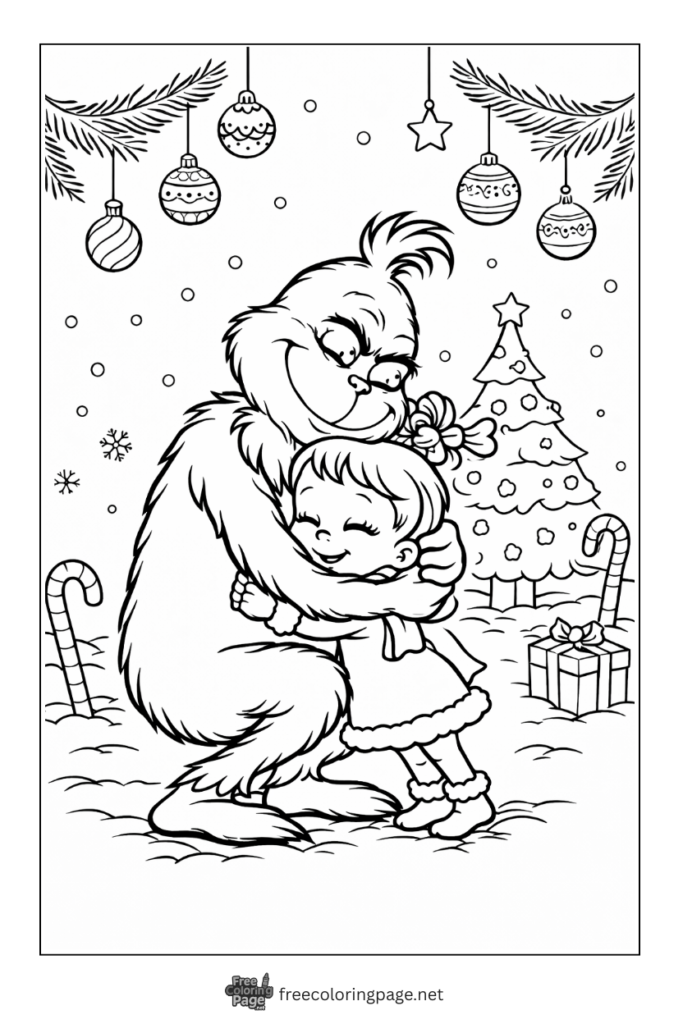 coloring page of grinch hugging cindy lou on christmas
