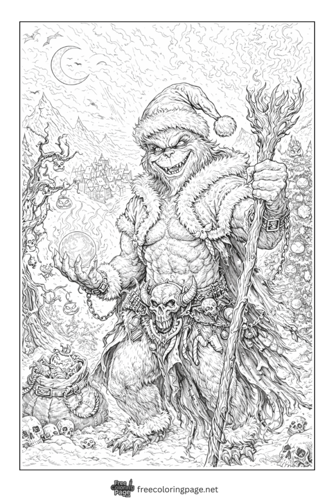 coloring page of grinch in dark jungle with a iconic smile