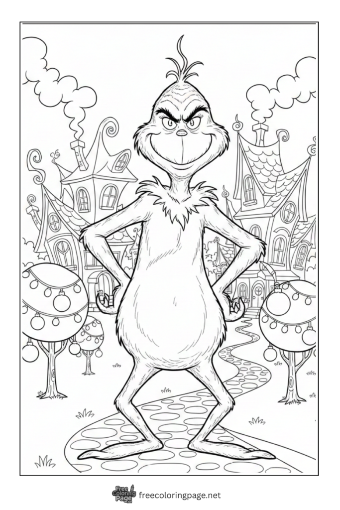 coloring page of grinch in whoville village