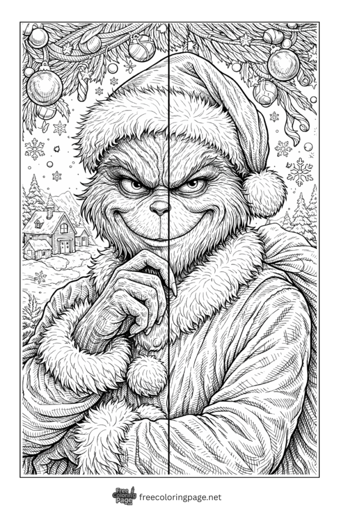 coloring page of grinch wearing santa hat with grin