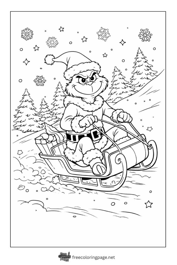 coloring page of grinch riding sleigh