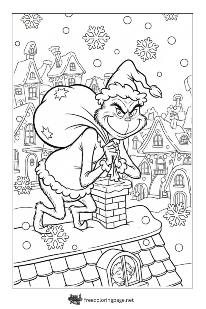 coloring page of grinch sneaking with christmas gifts from whoville village