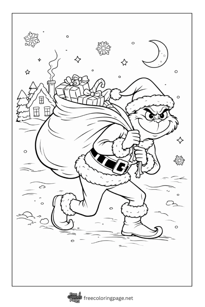 coloring page of grinch stealing christmas gifts