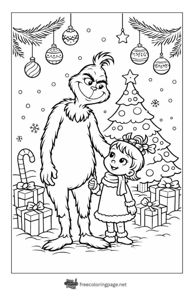 coloring page of grinch and cindy lou on christmas