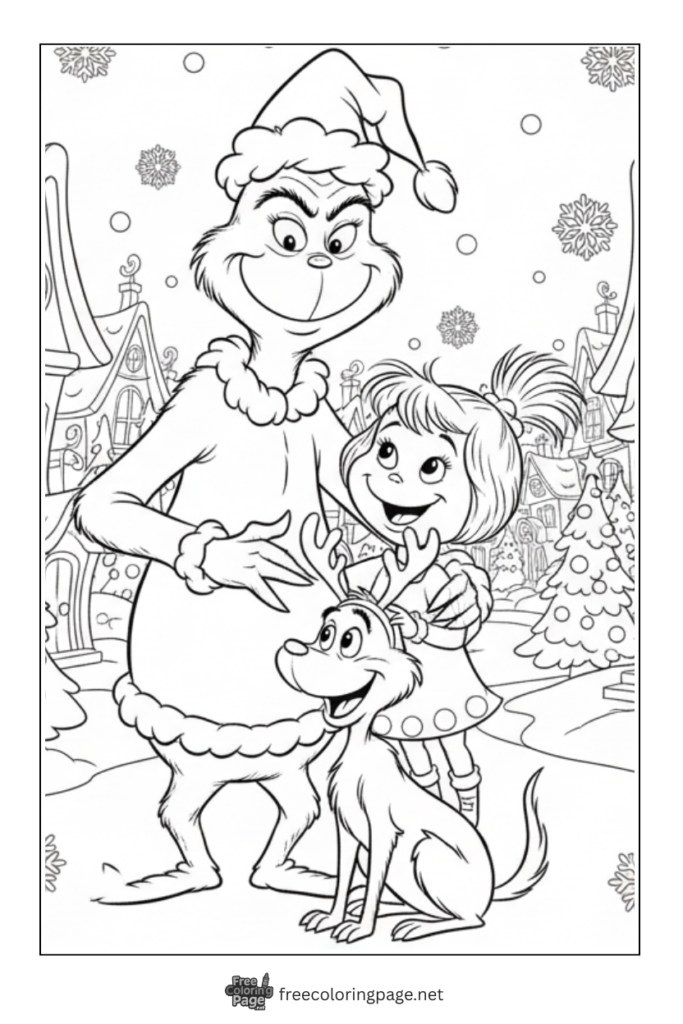 coloring page of grinch with cindy lou and max